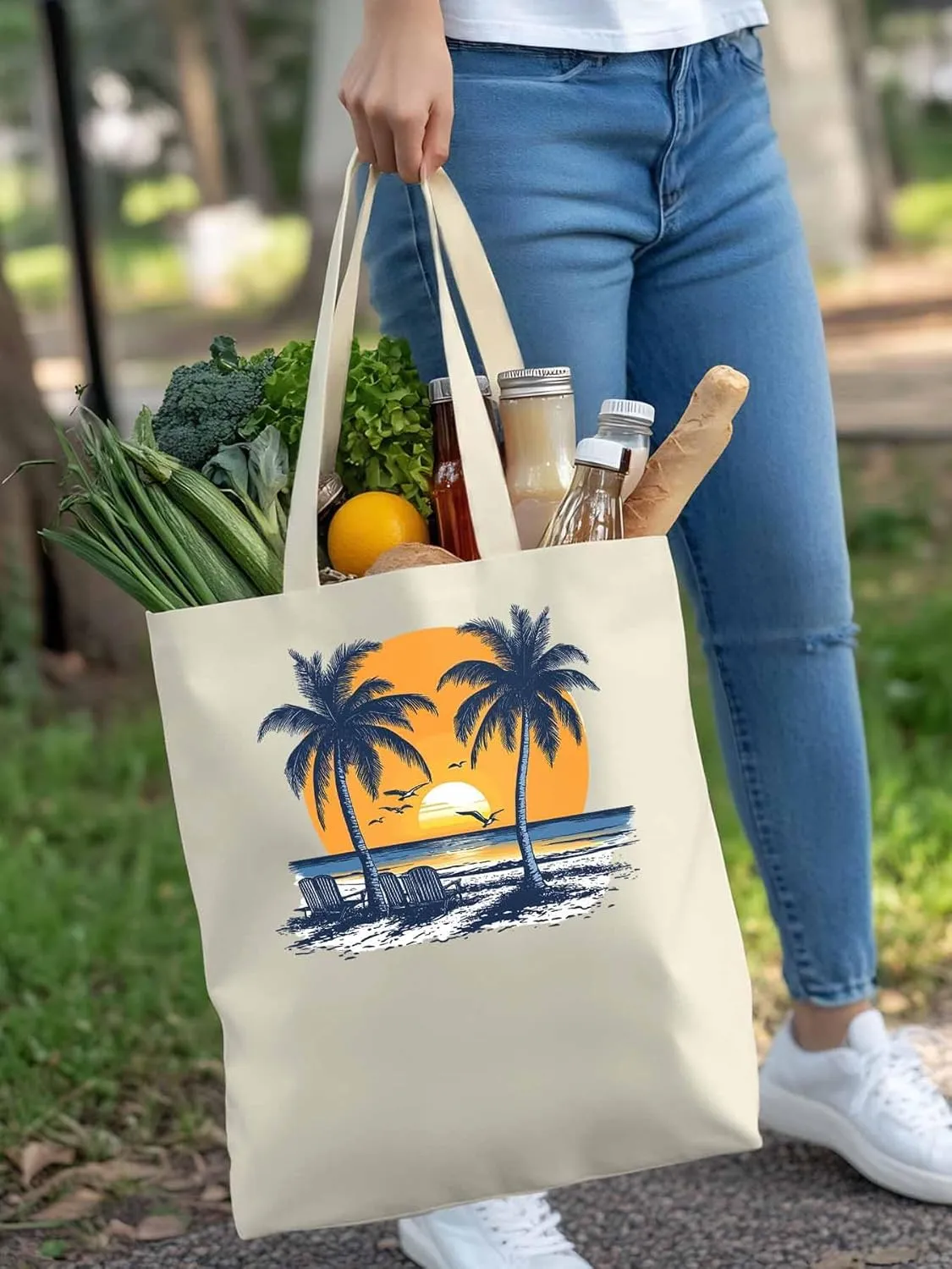 Canvas Tote Bag, Beach Sunset Coconut Tree Flying Birds patterned Canvas Tote Handbags for Women Shoulder Bag,