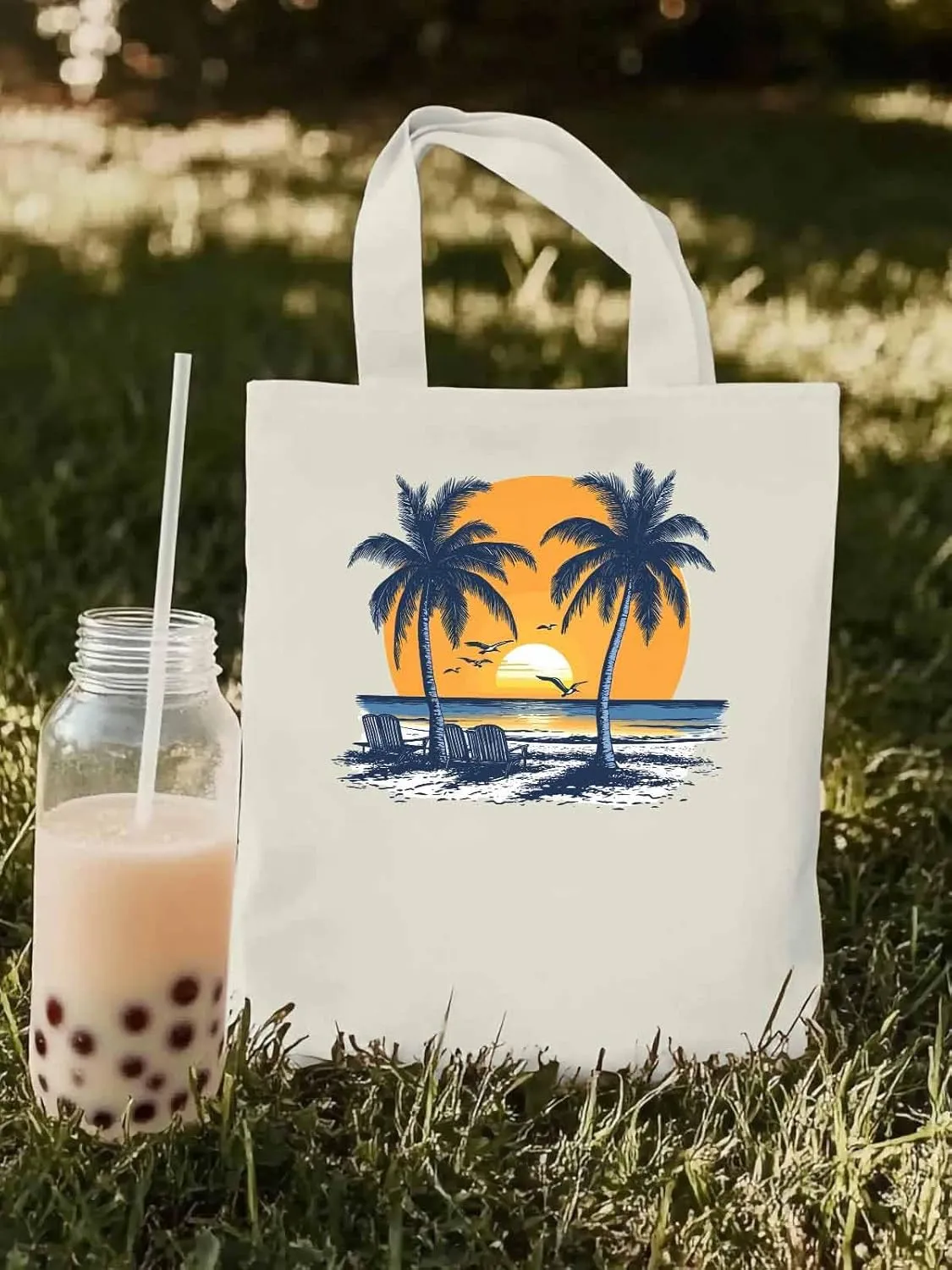 Canvas Tote Bag, Beach Sunset Coconut Tree Flying Birds patterned Canvas Tote Handbags for Women Shoulder Bag,