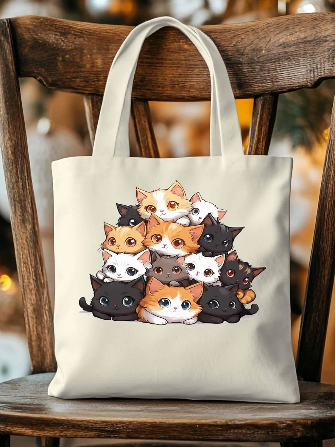 Canvas Tote Bag, Black Brown Cat patterned Canvas Tote Handbags for Women Shoulder Bag,