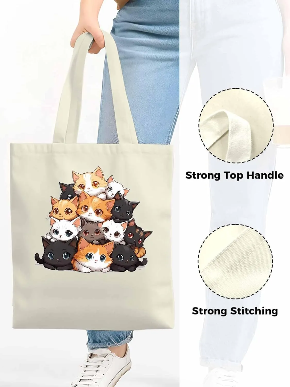 Canvas Tote Bag, Black Brown Cat patterned Canvas Tote Handbags for Women Shoulder Bag,
