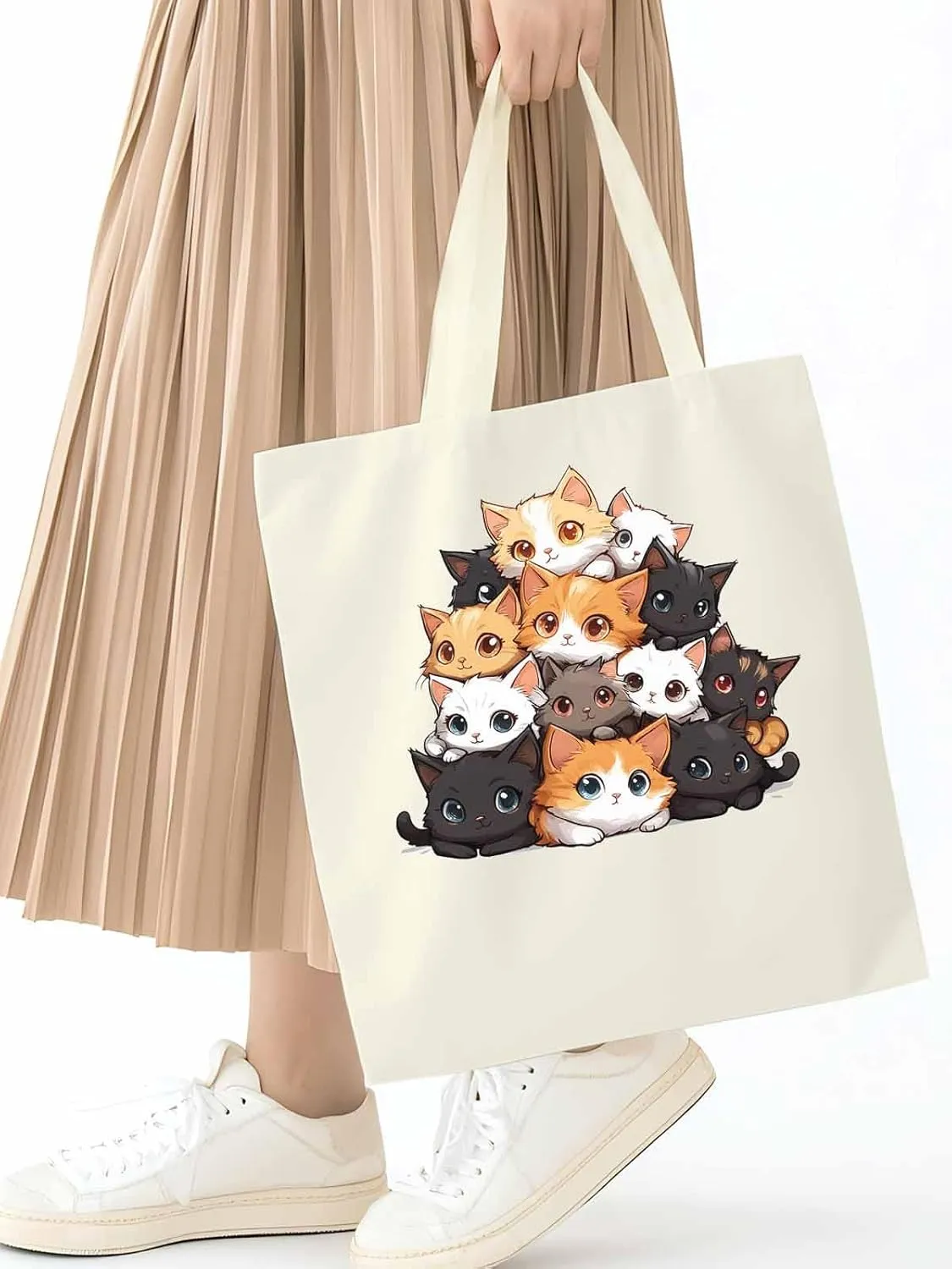Canvas Tote Bag, Black Brown Cat patterned Canvas Tote Handbags for Women Shoulder Bag,