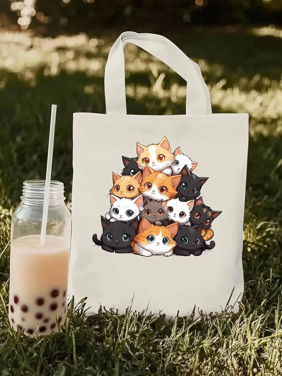 Canvas Tote Bag, Black Brown Cat patterned Canvas Tote Handbags for Women Shoulder Bag,