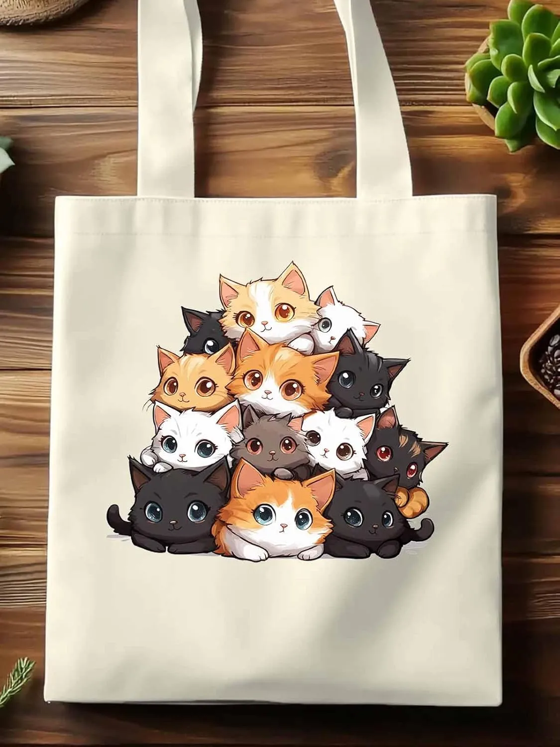 Canvas Tote Bag, Black Brown Cat patterned Canvas Tote Handbags for Women Shoulder Bag,