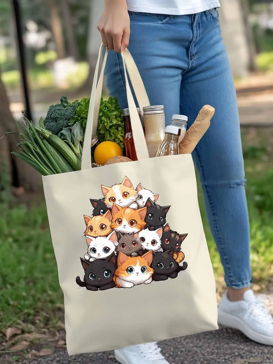 Canvas Tote Bag, Black Brown Cat patterned Canvas Tote Handbags for Women Shoulder Bag,
