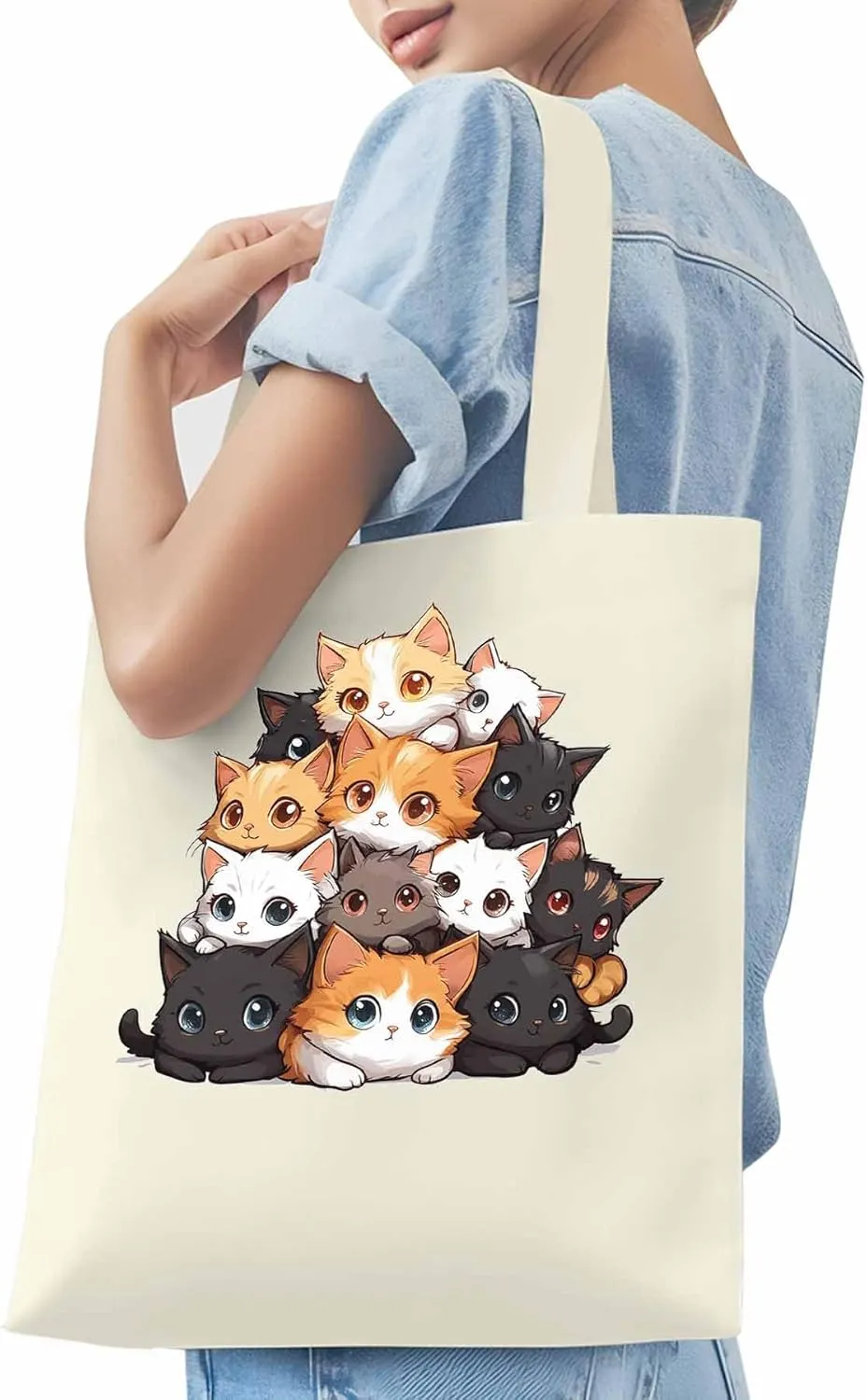 Canvas Tote Bag, Black Brown Cat patterned Canvas Tote Handbags for Women Shoulder Bag,