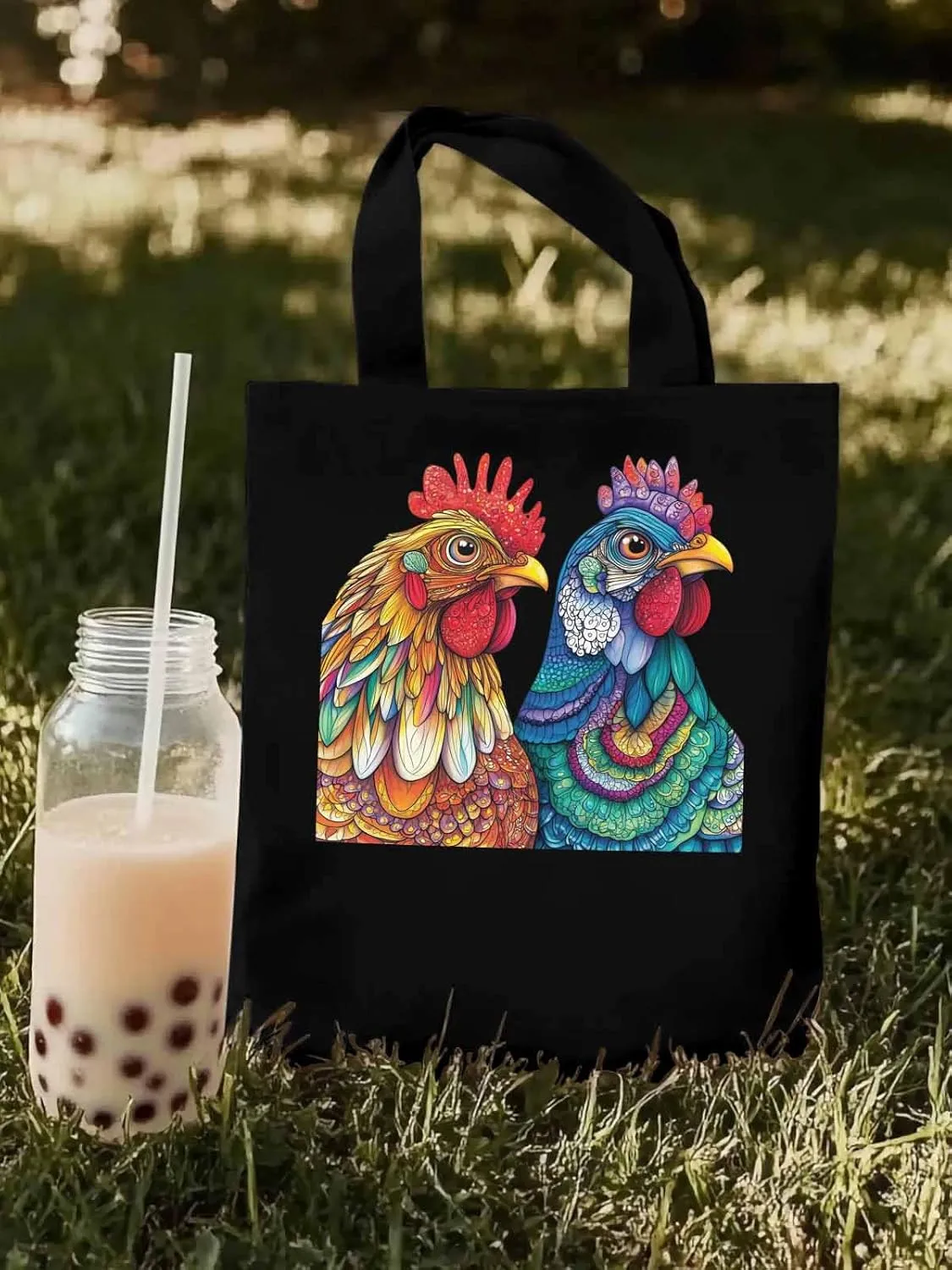 Canvas Tote Bag, Boho Floral Textured Chicken patterned Canvas Tote Handbags for Women Shoulder Bag,
