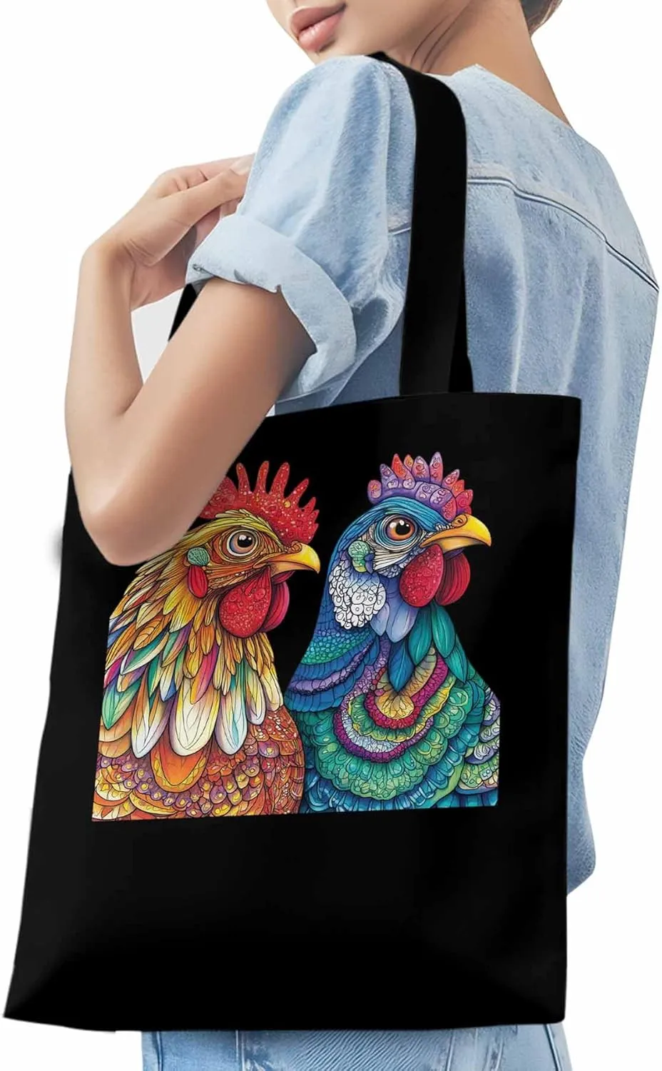 Canvas Tote Bag, Boho Floral Textured Chicken patterned Canvas Tote Handbags for Women Shoulder Bag,