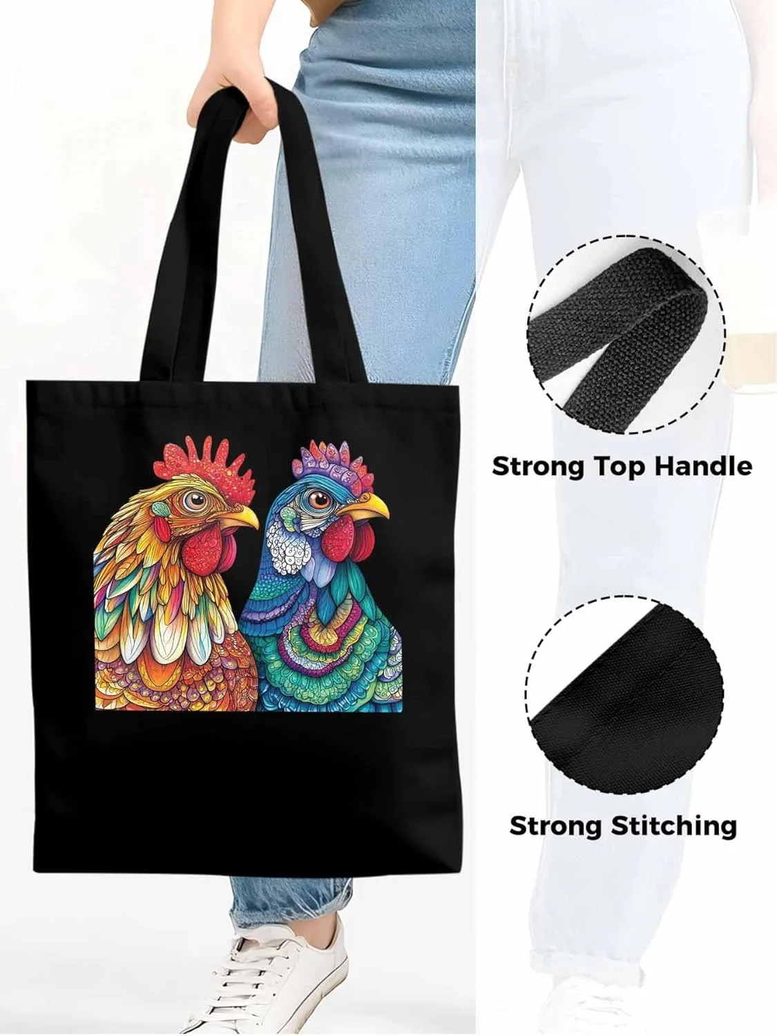 Canvas Tote Bag, Boho Floral Textured Chicken patterned Canvas Tote Handbags for Women Shoulder Bag,