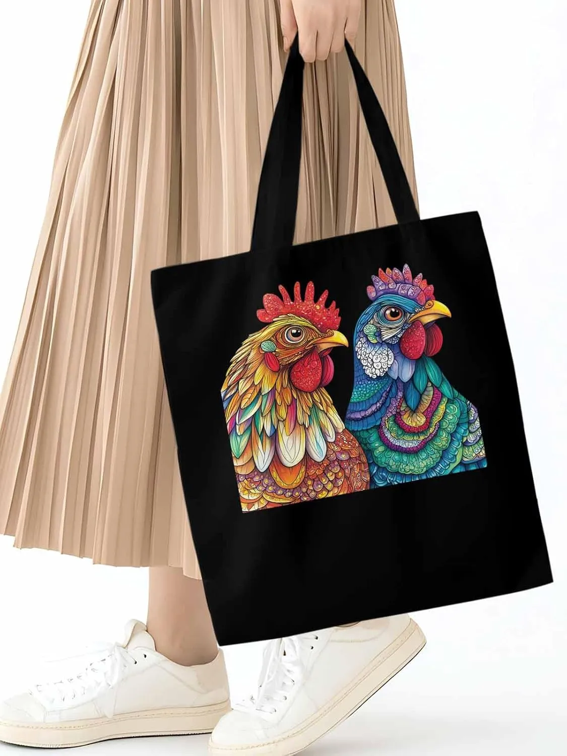 Canvas Tote Bag, Boho Floral Textured Chicken patterned Canvas Tote Handbags for Women Shoulder Bag,