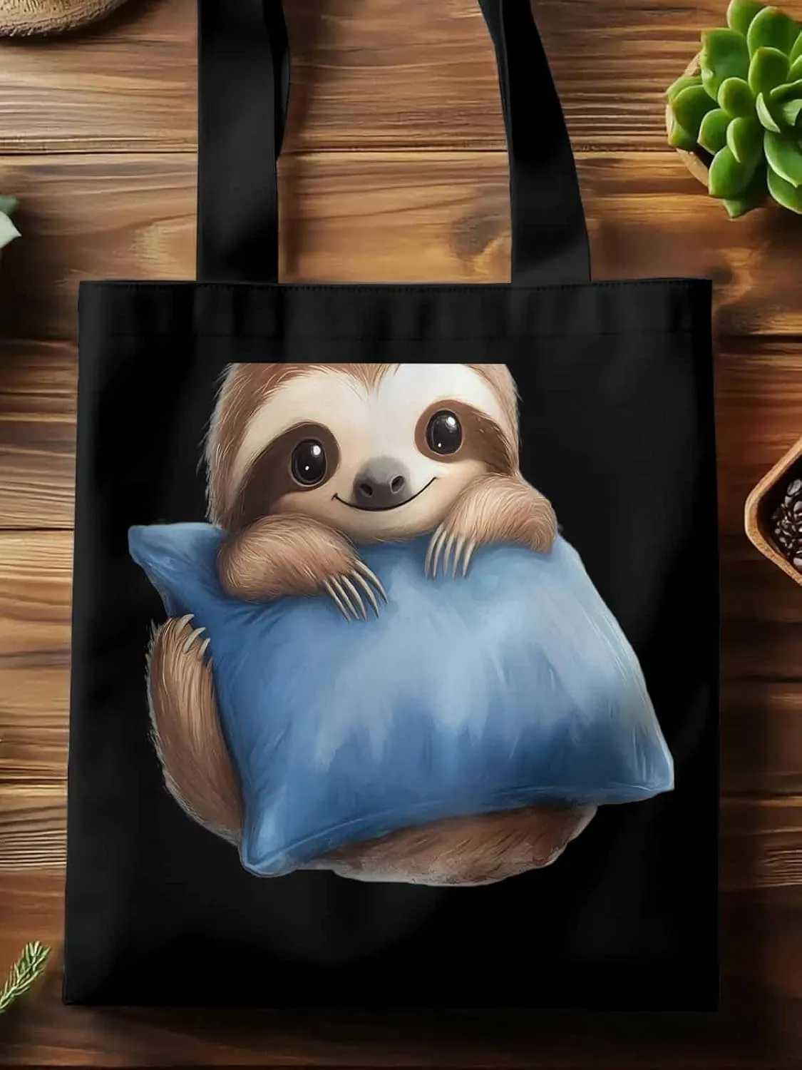 Canvas Tote Bag, Cartoon Sloth on Pillow Print patterned Canvas Tote Handbags for Women Shoulder Bag,