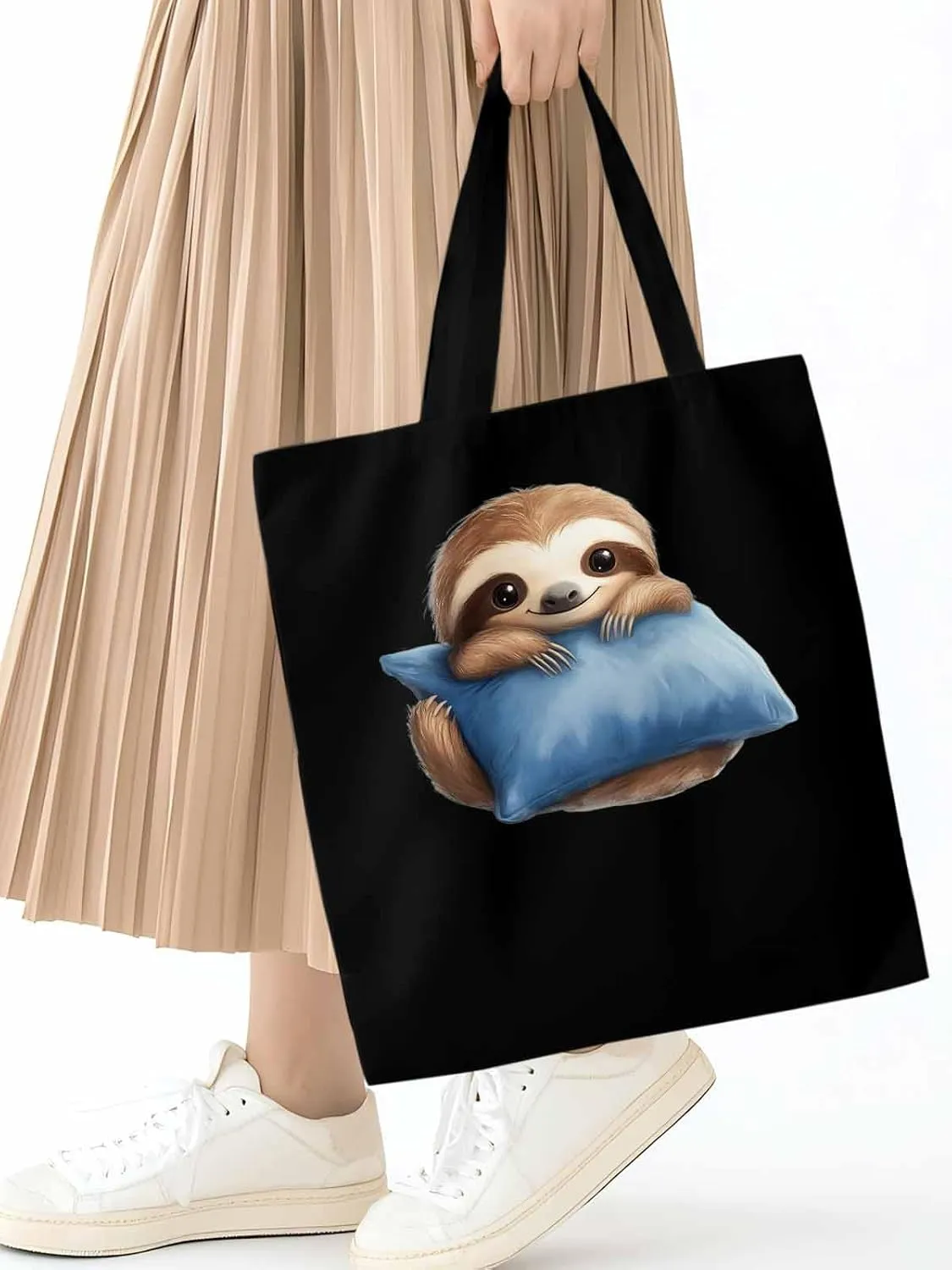Canvas Tote Bag, Cartoon Sloth on Pillow Print patterned Canvas Tote Handbags for Women Shoulder Bag,