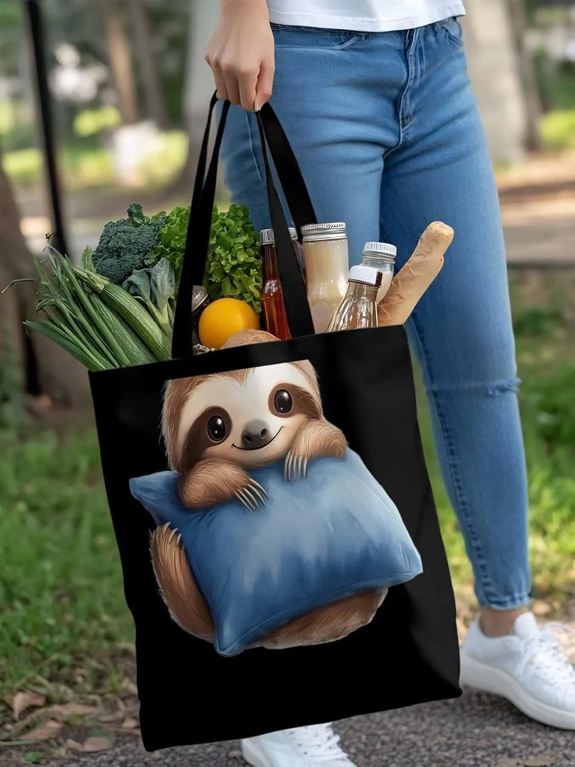 Canvas Tote Bag, Cartoon Sloth on Pillow Print patterned Canvas Tote Handbags for Women Shoulder Bag,