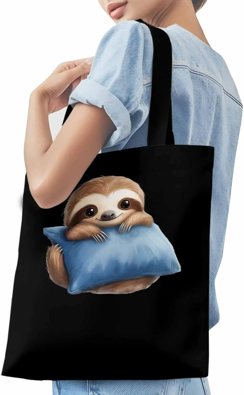 Canvas Tote Bag, Cartoon Sloth on Pillow Print patterned Canvas Tote Handbags for Women Shoulder Bag,