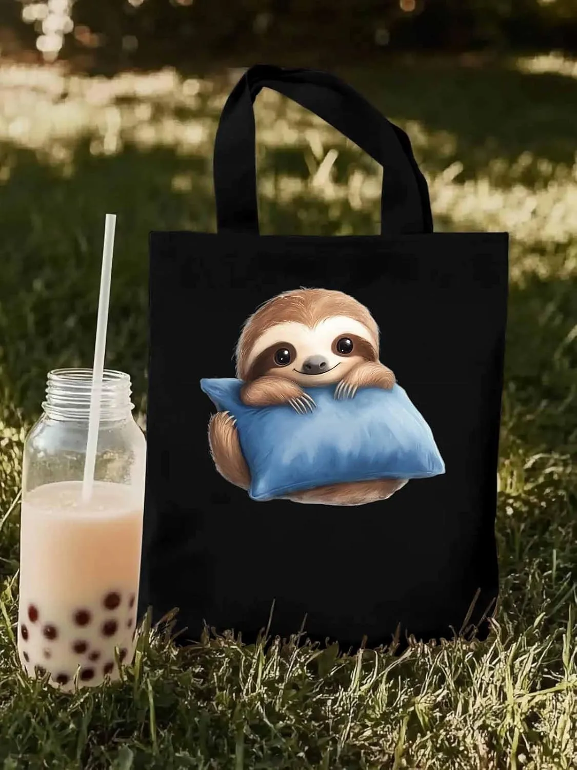 Canvas Tote Bag, Cartoon Sloth on Pillow Print patterned Canvas Tote Handbags for Women Shoulder Bag,