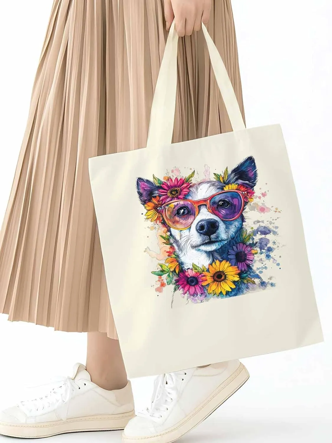 Canvas Tote Bag, Chih Dog among Flowers patterned Canvas Tote Handbags for Women Shoulder Bag,