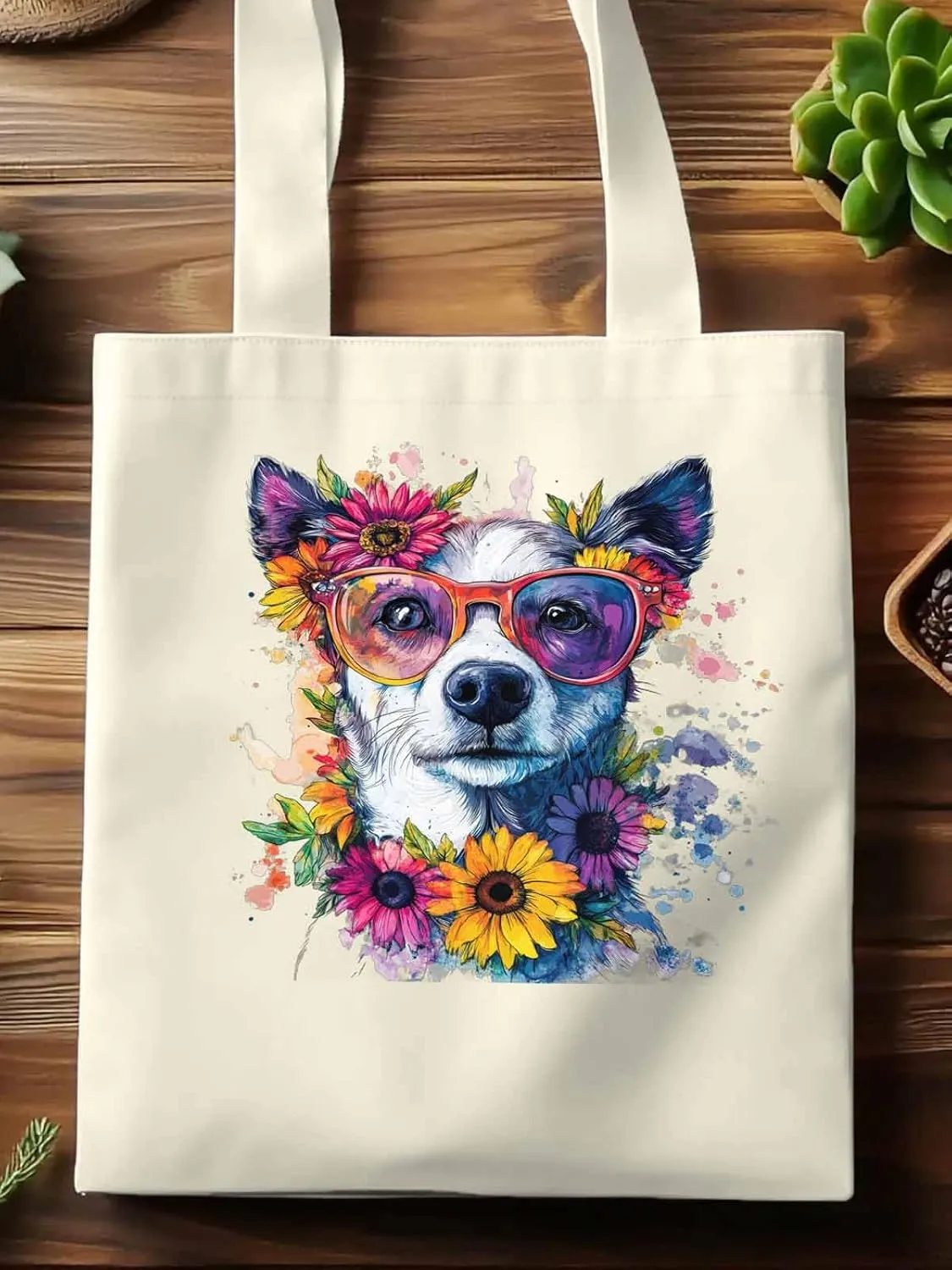 Canvas Tote Bag, Chih Dog among Flowers patterned Canvas Tote Handbags for Women Shoulder Bag,