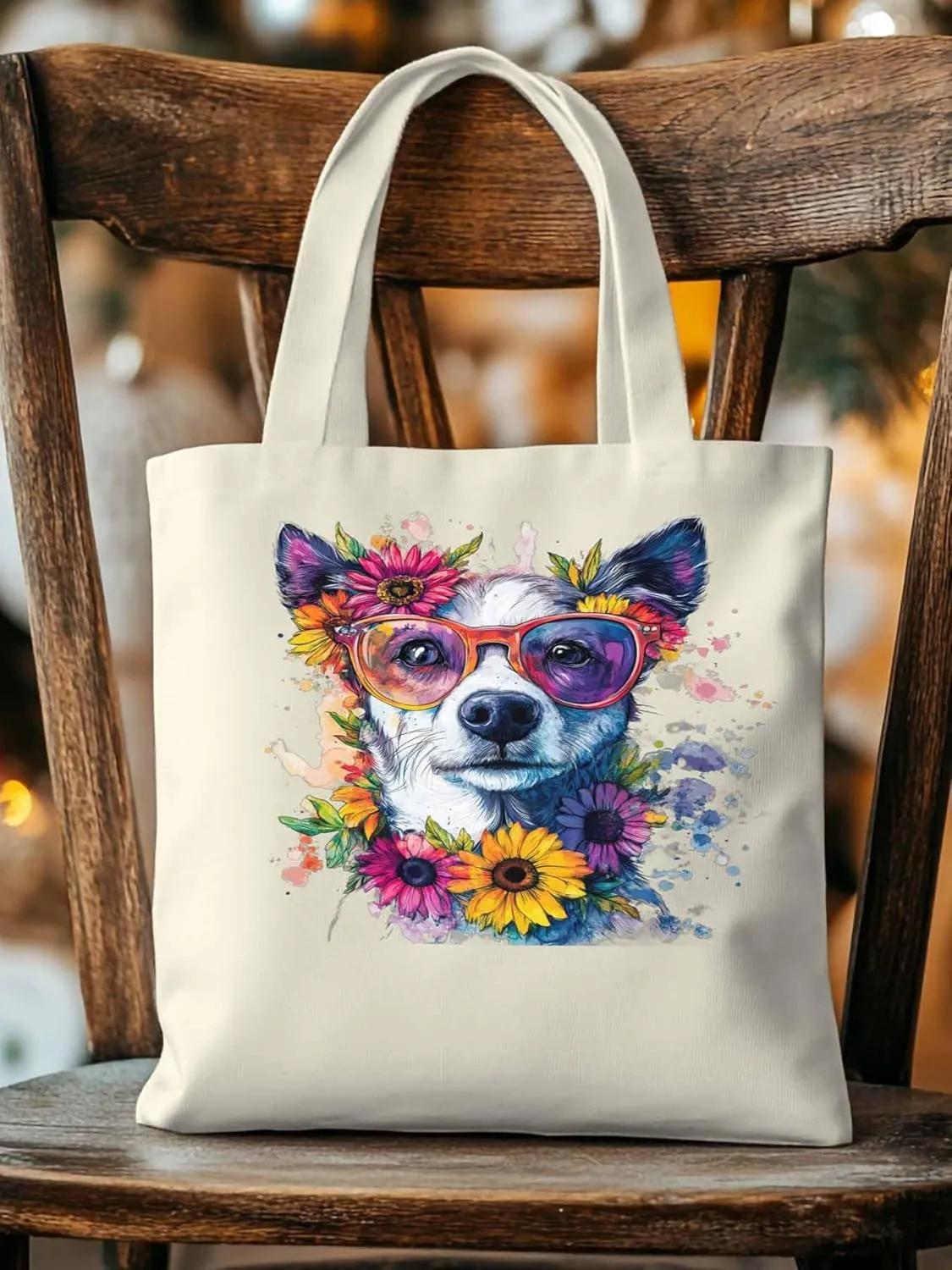 Canvas Tote Bag, Chih Dog among Flowers patterned Canvas Tote Handbags for Women Shoulder Bag,