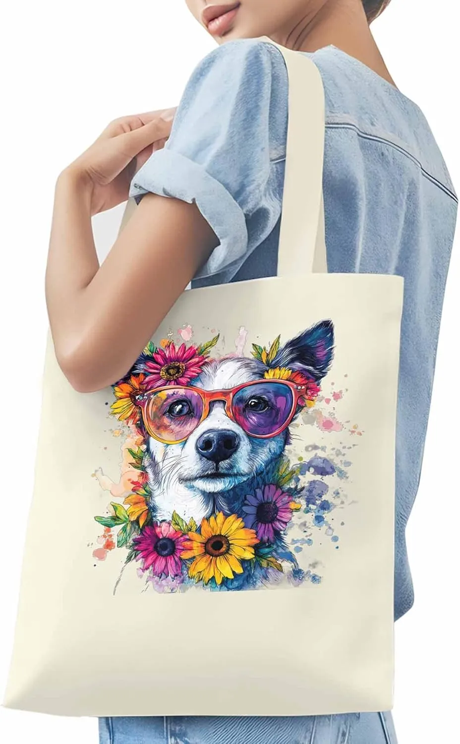 Canvas Tote Bag, Chih Dog among Flowers patterned Canvas Tote Handbags for Women Shoulder Bag,