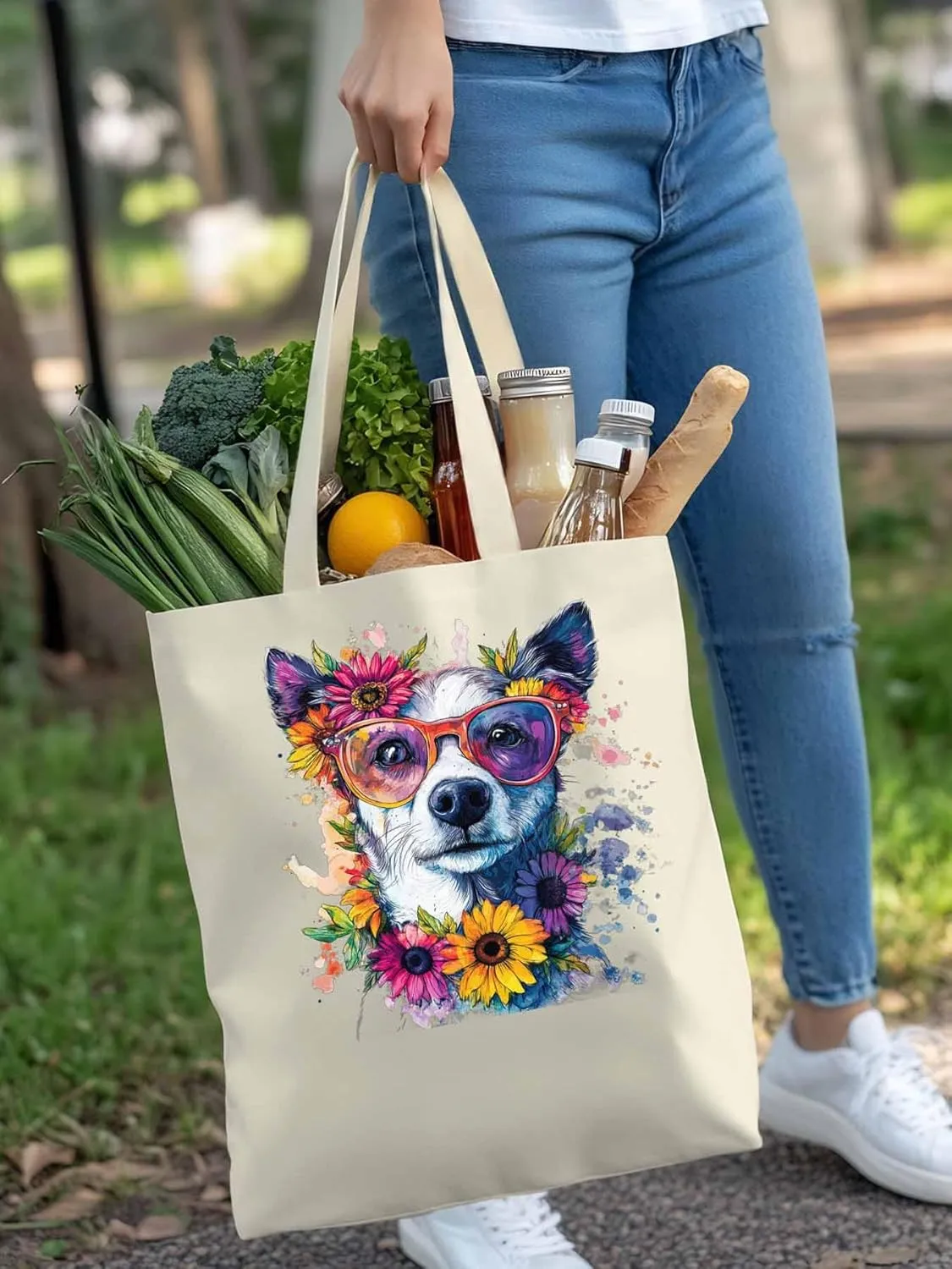 Canvas Tote Bag, Chih Dog among Flowers patterned Canvas Tote Handbags for Women Shoulder Bag,