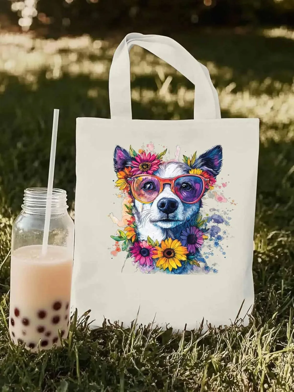 Canvas Tote Bag, Chih Dog among Flowers patterned Canvas Tote Handbags for Women Shoulder Bag,