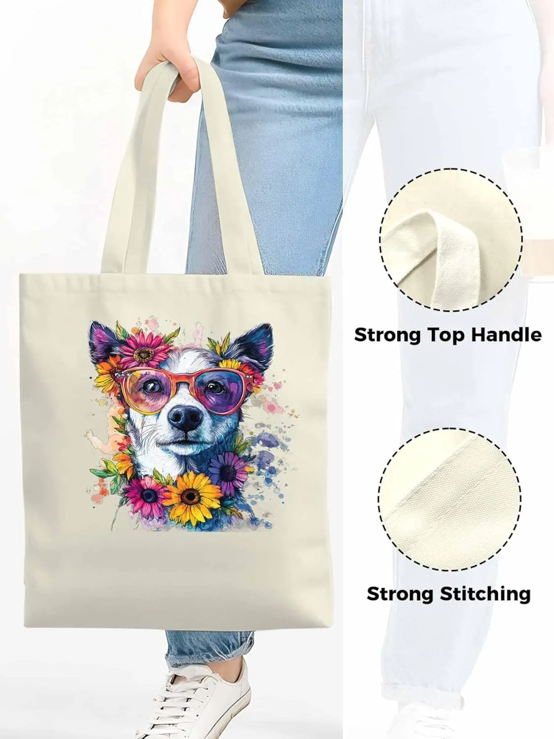 Canvas Tote Bag, Chih Dog among Flowers patterned Canvas Tote Handbags for Women Shoulder Bag,