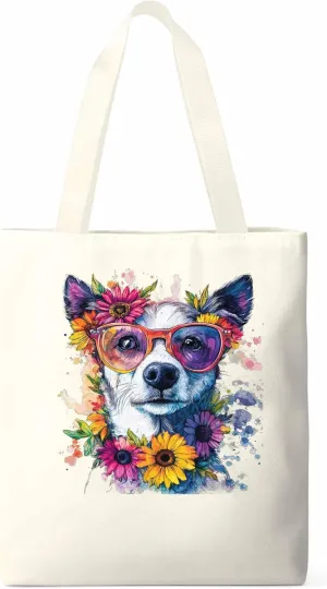 Canvas Tote Bag, Chih Dog among Flowers patterned Canvas Tote Handbags for Women Shoulder Bag,