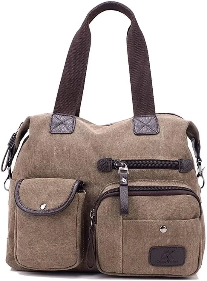 Canvas Tote Bag for Women Multi-pockets Crossbody Purse Roomy Shoulder Handbag Top Handle Satchel Purse Messenger Bag