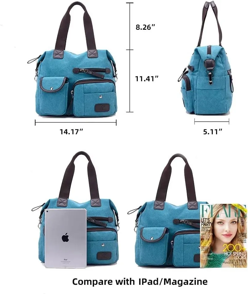Canvas Tote Bag for Women Multi-pockets Crossbody Purse Roomy Shoulder Handbag Top Handle Satchel Purse Messenger Bag