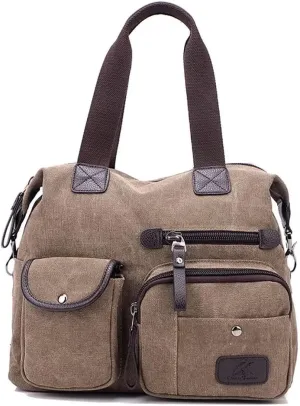 Canvas Tote Bag for Women Multi-pockets Crossbody Purse Roomy Shoulder Handbag Top Handle Satchel Purse Messenger Bag
