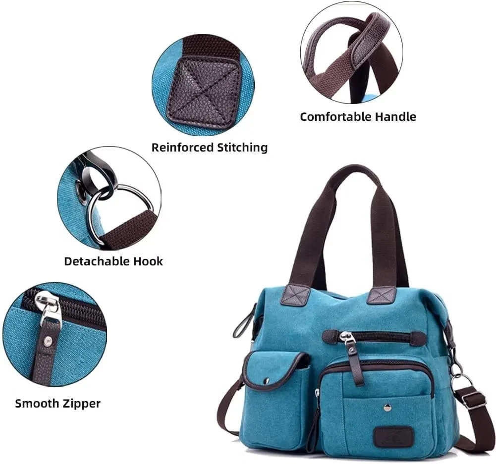 Canvas Tote Bag for Women Multi-pockets Crossbody Purse Roomy Shoulder Handbag Top Handle Satchel Purse Messenger Bag