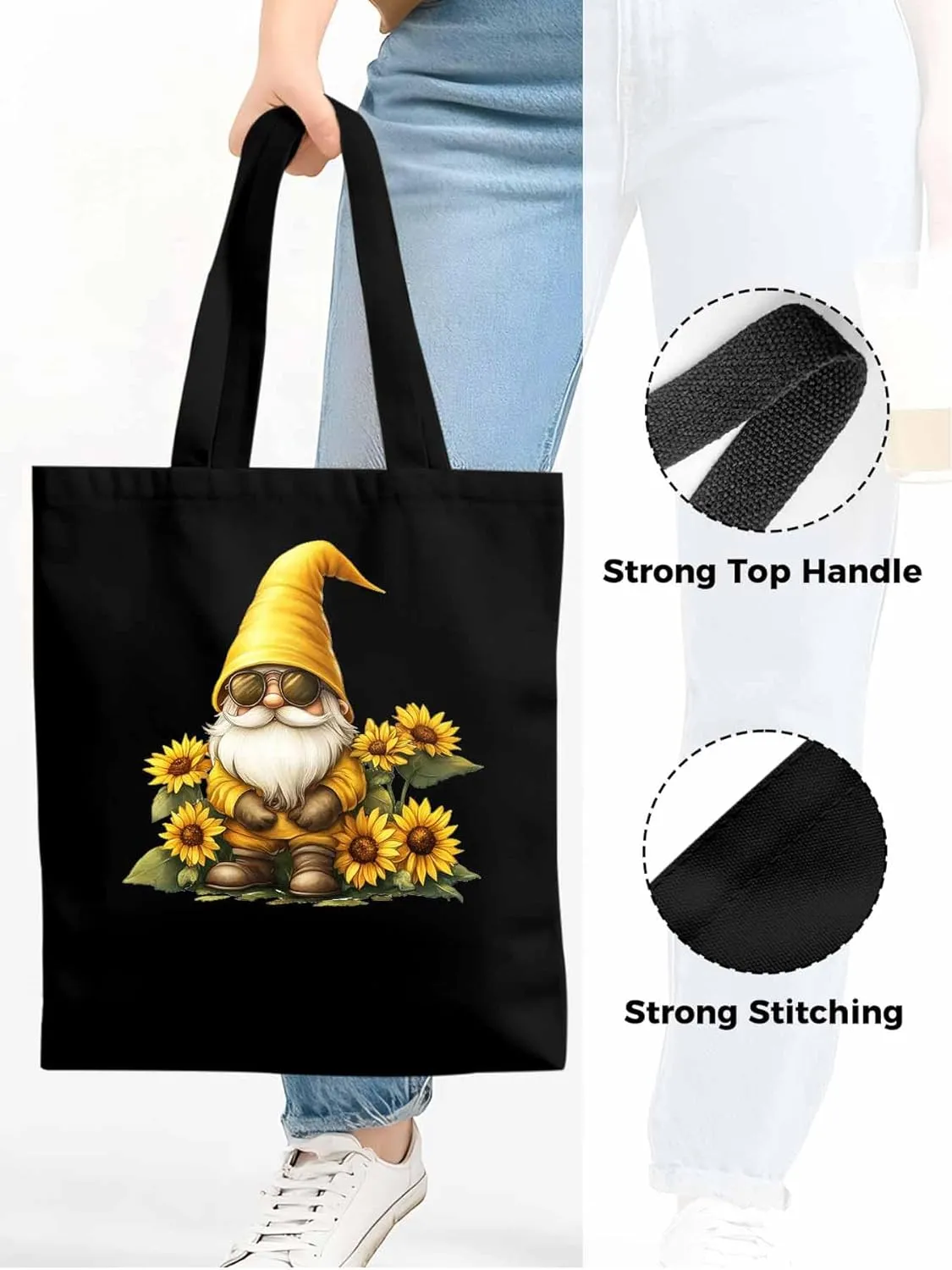 Canvas Tote Bag, Gnomes Sunflower Yellow patterned Canvas Tote Handbags for Women Shoulder Bag,