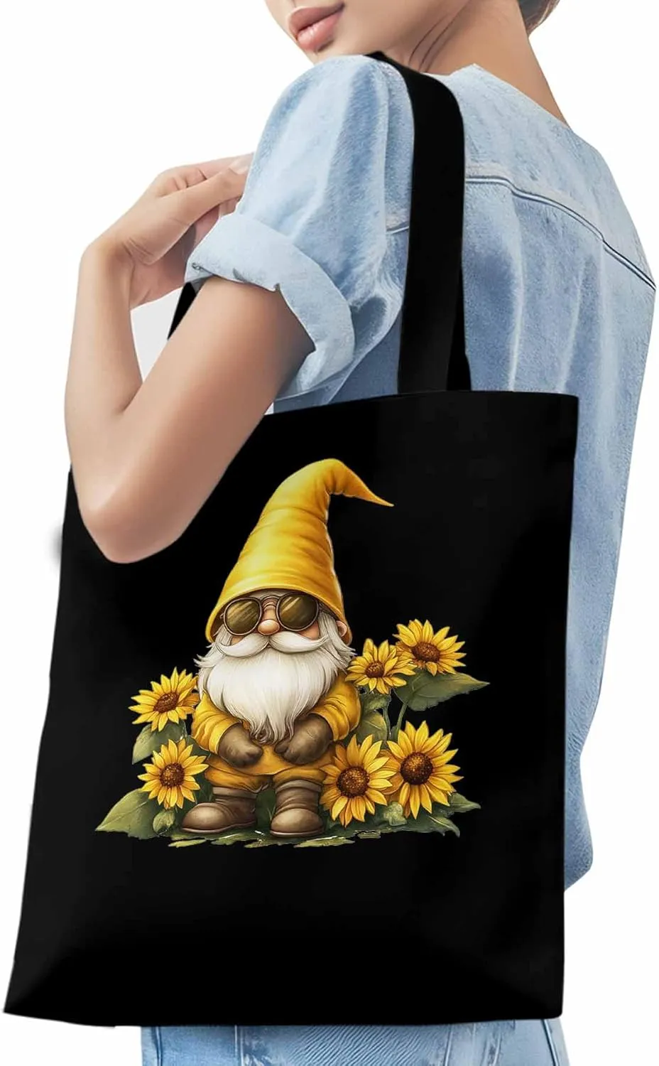 Canvas Tote Bag, Gnomes Sunflower Yellow patterned Canvas Tote Handbags for Women Shoulder Bag,