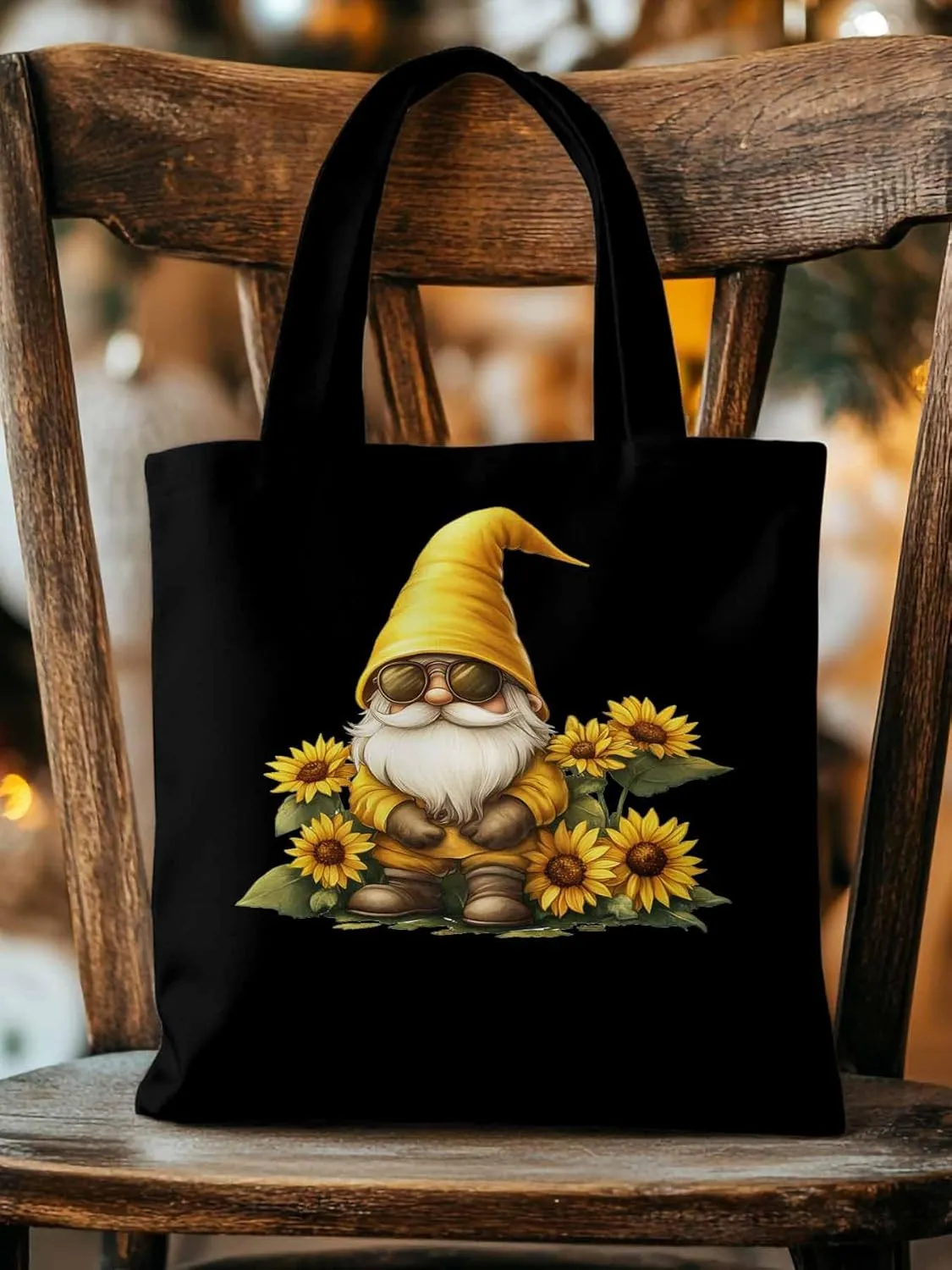 Canvas Tote Bag, Gnomes Sunflower Yellow patterned Canvas Tote Handbags for Women Shoulder Bag,