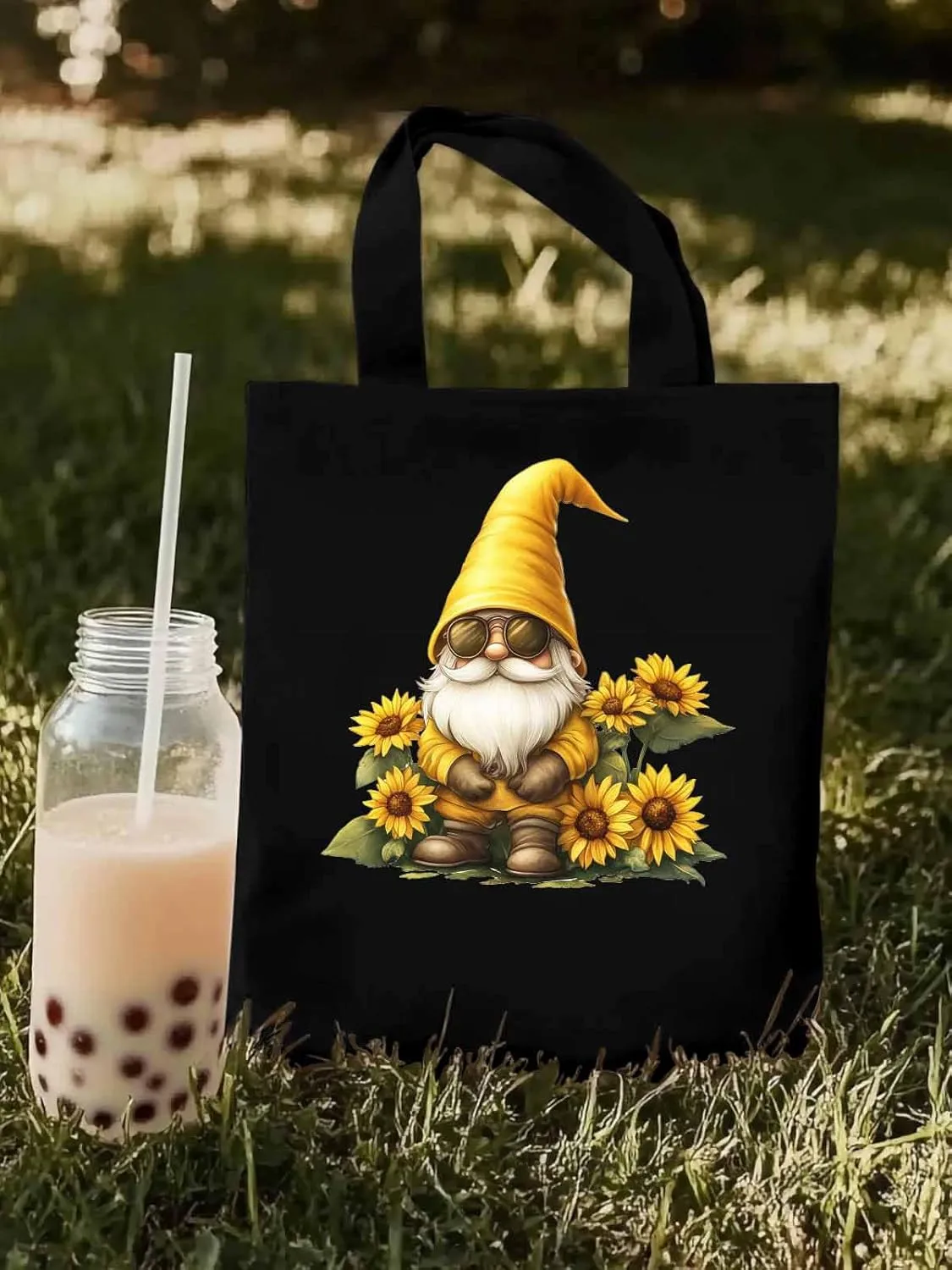 Canvas Tote Bag, Gnomes Sunflower Yellow patterned Canvas Tote Handbags for Women Shoulder Bag,