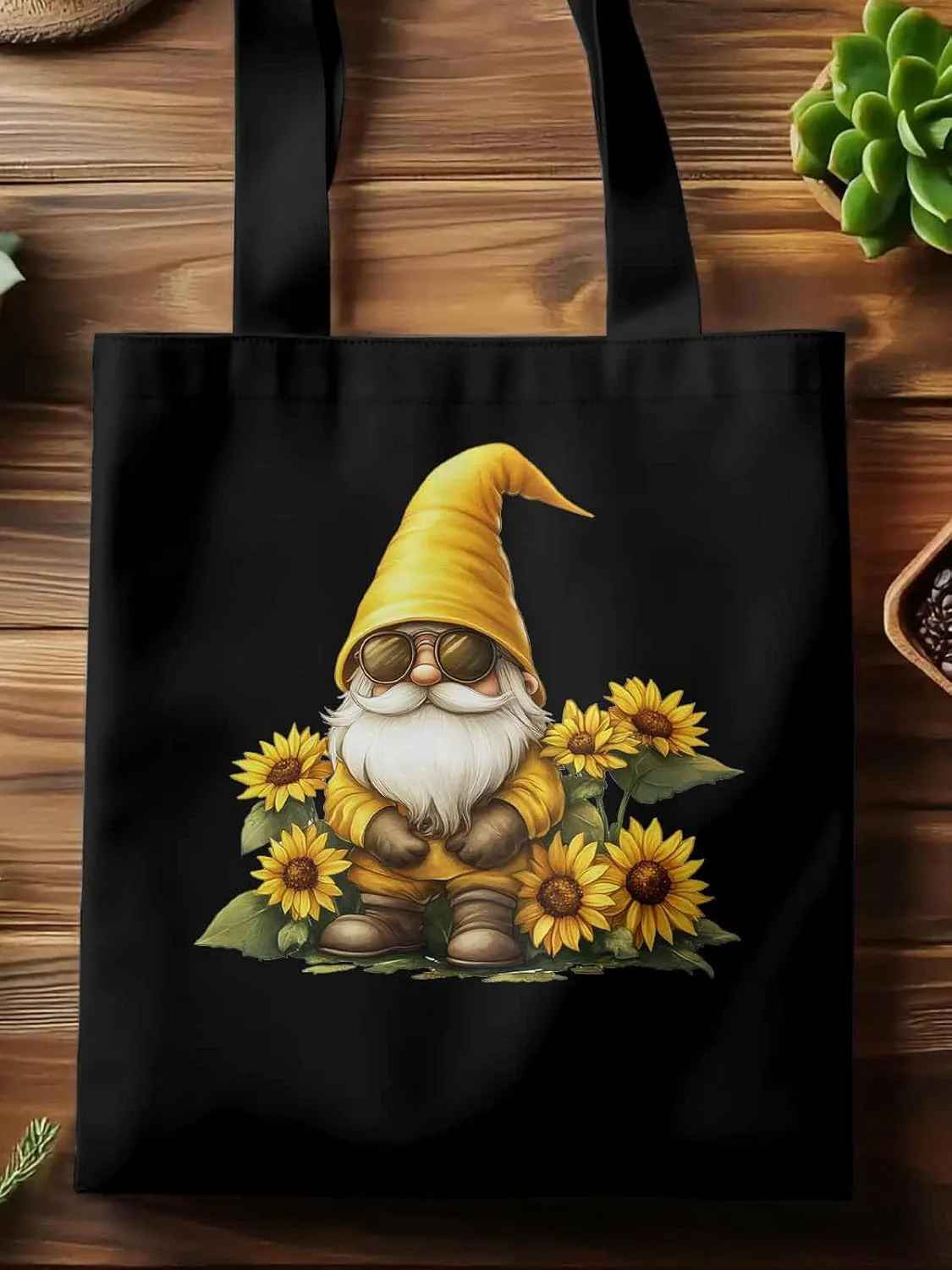 Canvas Tote Bag, Gnomes Sunflower Yellow patterned Canvas Tote Handbags for Women Shoulder Bag,