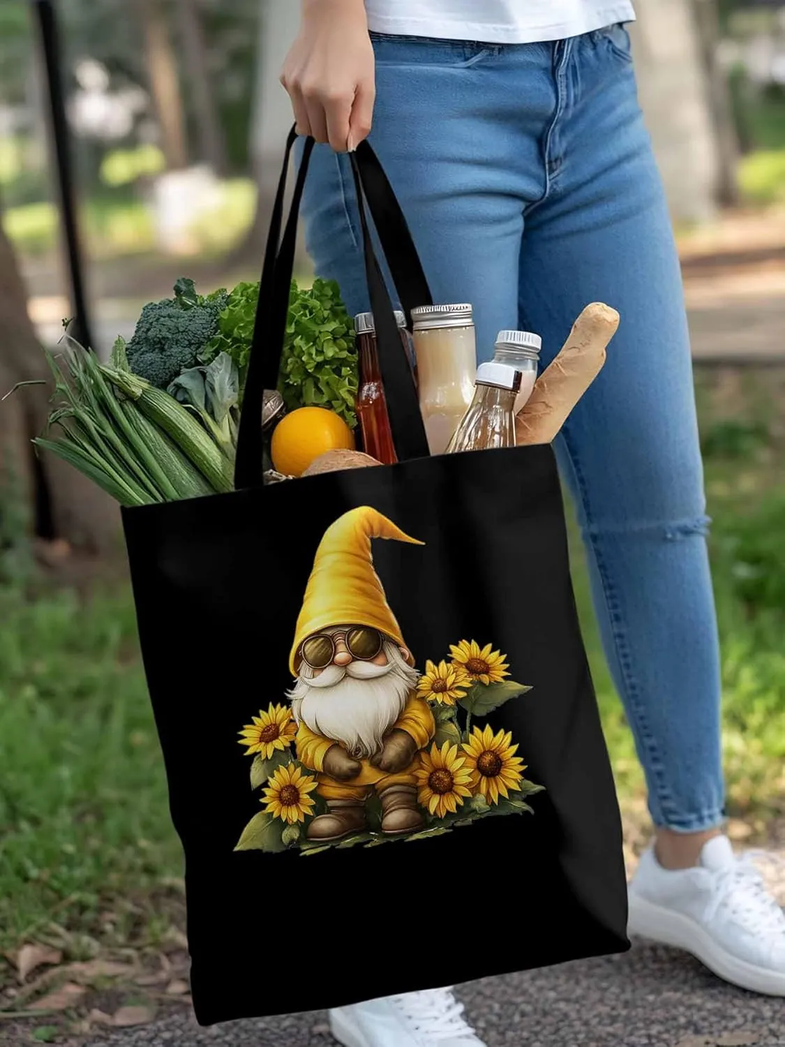 Canvas Tote Bag, Gnomes Sunflower Yellow patterned Canvas Tote Handbags for Women Shoulder Bag,