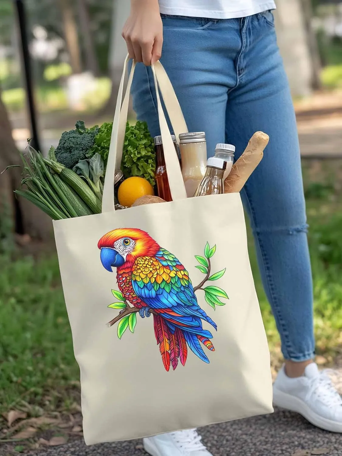 Canvas Tote Bag, Ombre Parrots on Branch patterned Canvas Tote Handbags for Women Shoulder Bag,
