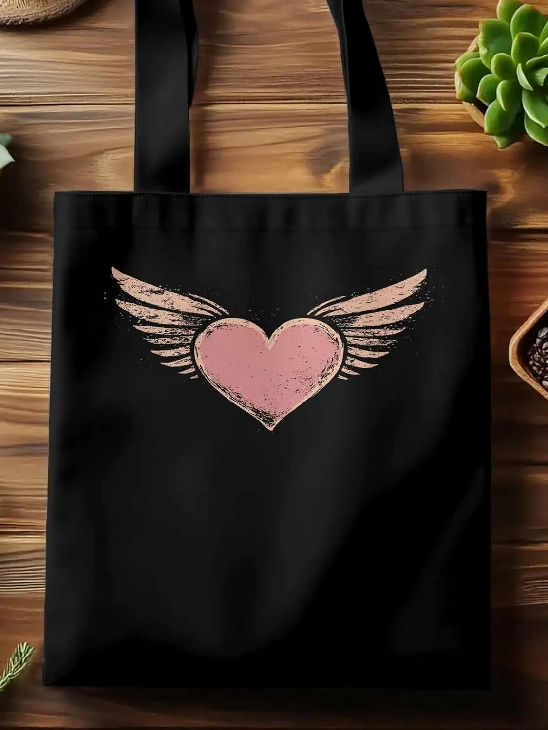 Canvas Tote Bag, Pink Heart Love Orange Wings patterned Canvas Tote Handbags for Women Shoulder Bag,