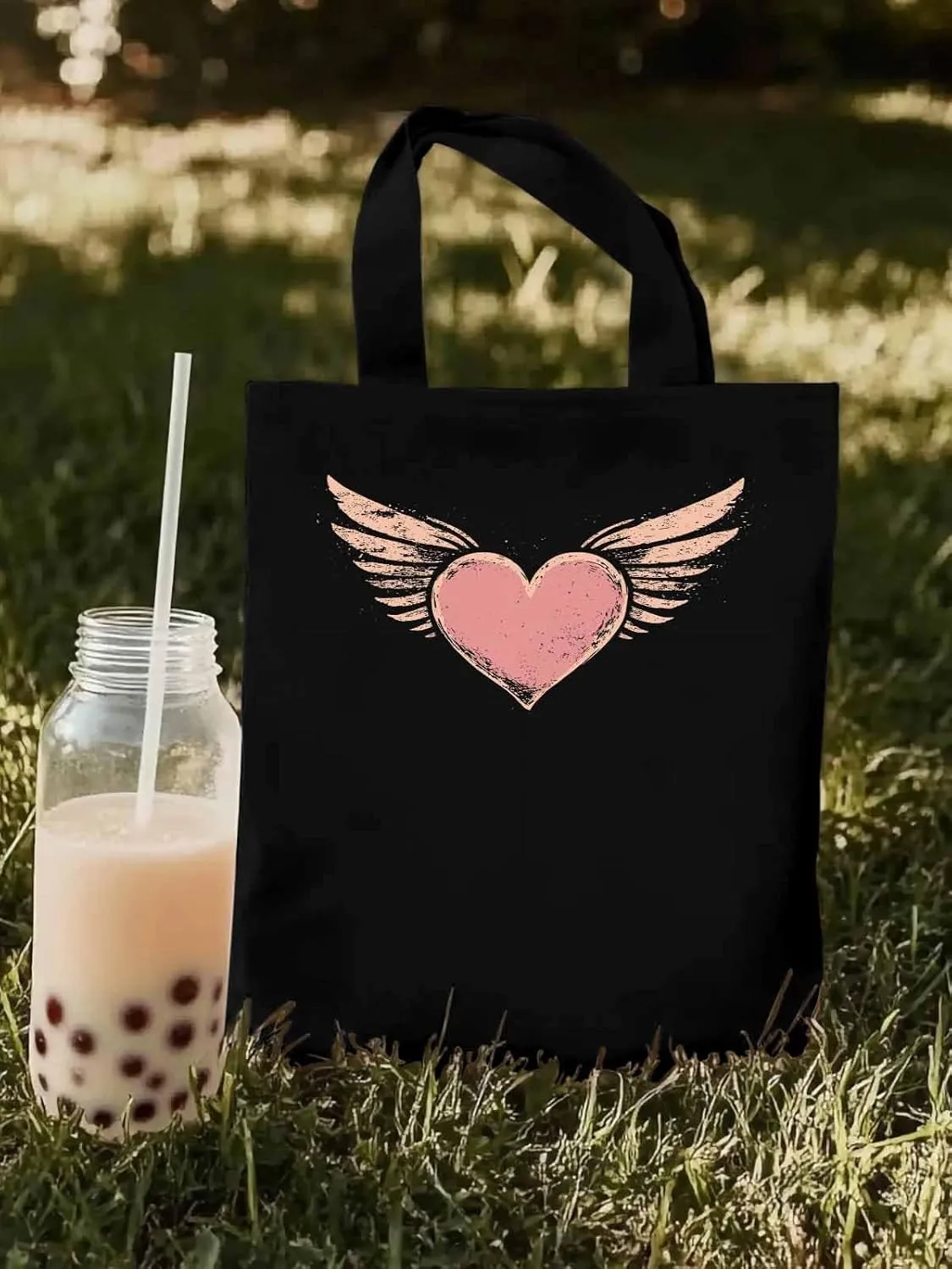 Canvas Tote Bag, Pink Heart Love Orange Wings patterned Canvas Tote Handbags for Women Shoulder Bag,