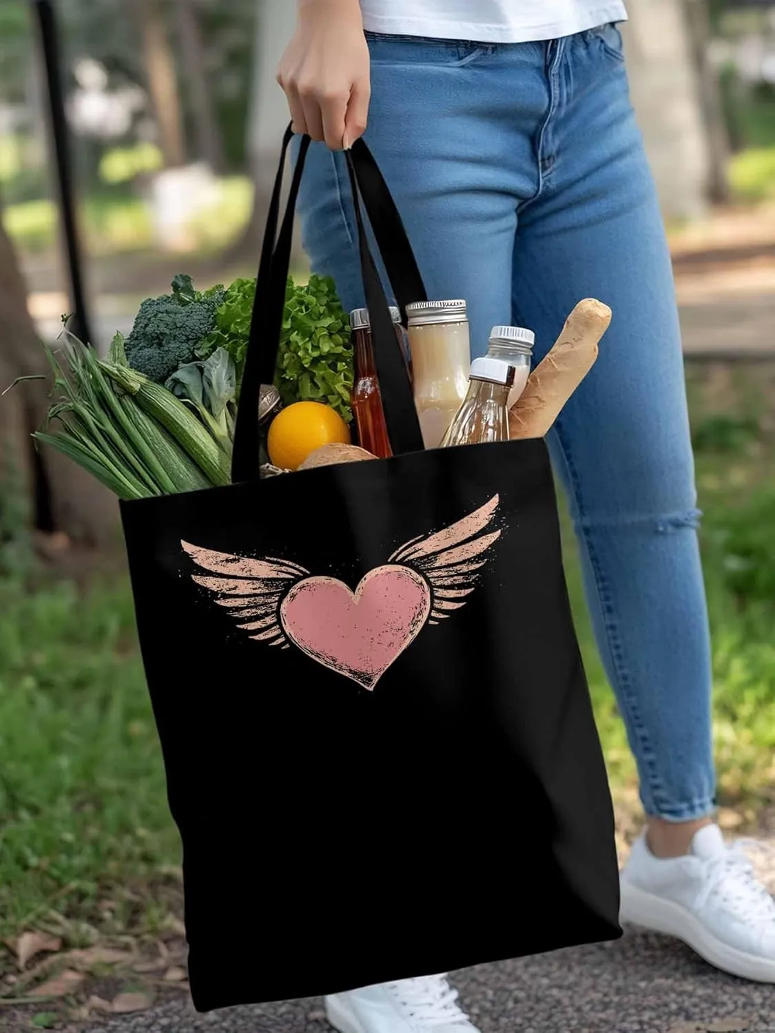 Canvas Tote Bag, Pink Heart Love Orange Wings patterned Canvas Tote Handbags for Women Shoulder Bag,