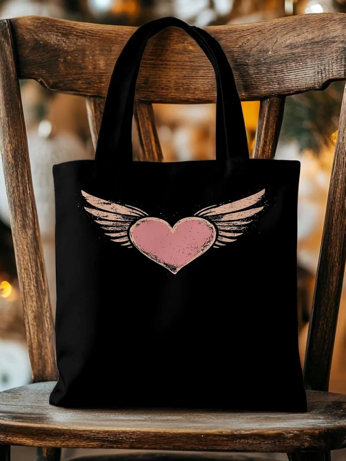Canvas Tote Bag, Pink Heart Love Orange Wings patterned Canvas Tote Handbags for Women Shoulder Bag,