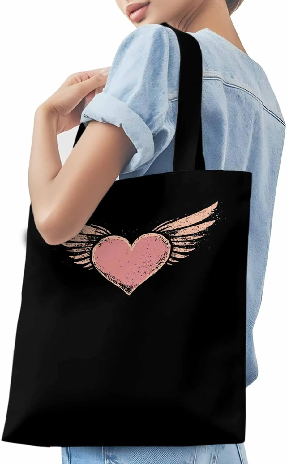 Canvas Tote Bag, Pink Heart Love Orange Wings patterned Canvas Tote Handbags for Women Shoulder Bag,
