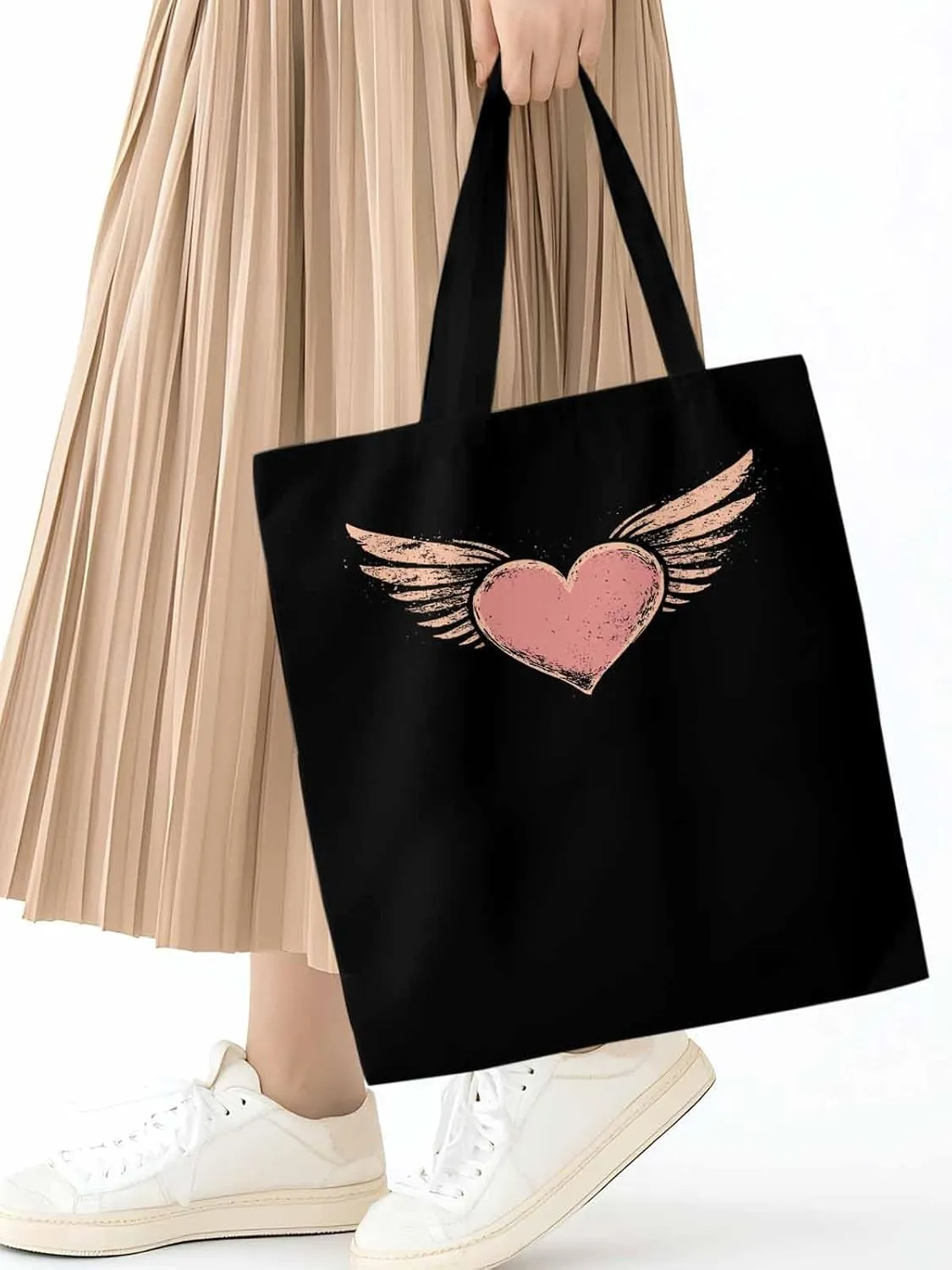 Canvas Tote Bag, Pink Heart Love Orange Wings patterned Canvas Tote Handbags for Women Shoulder Bag,