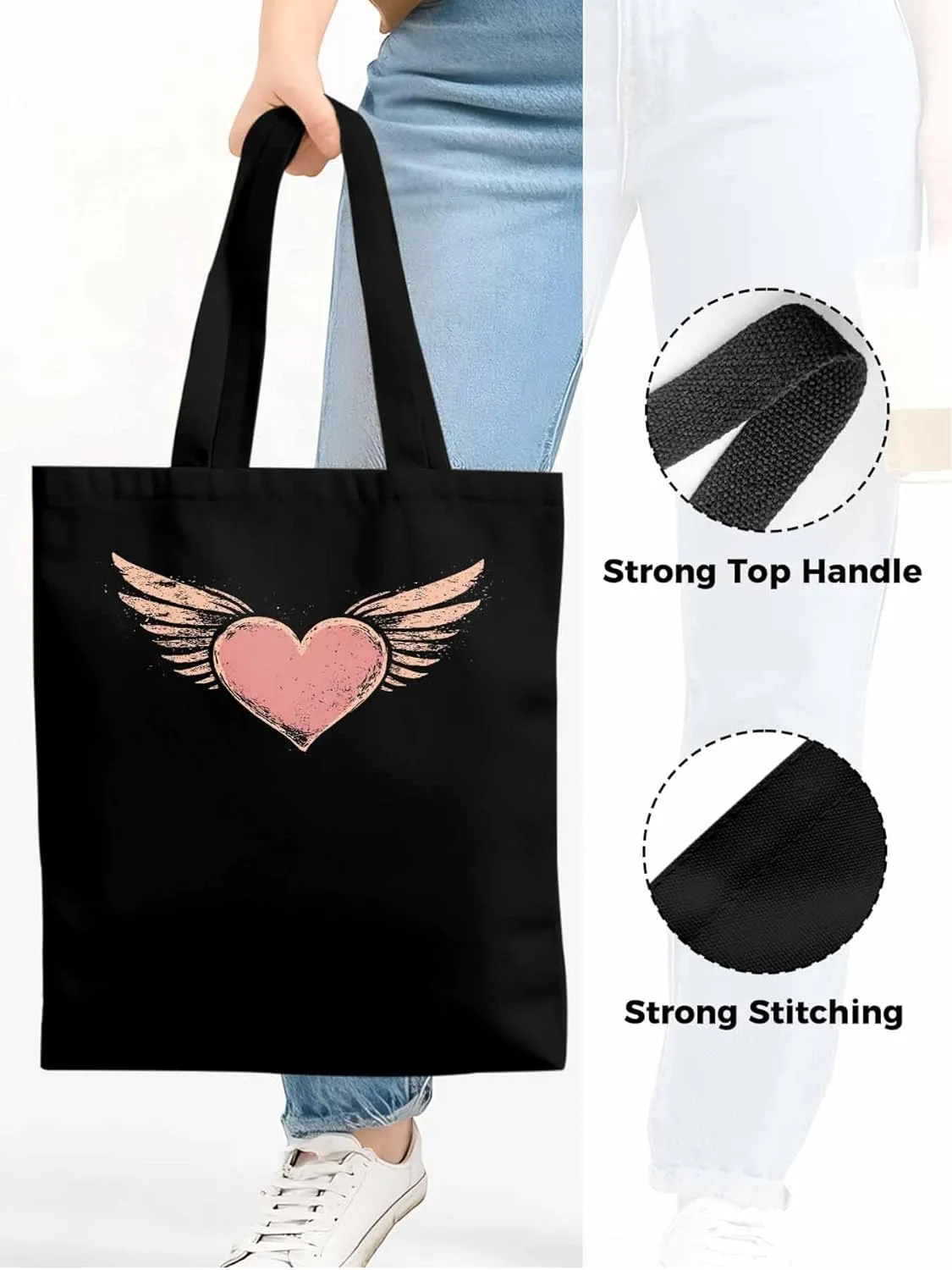 Canvas Tote Bag, Pink Heart Love Orange Wings patterned Canvas Tote Handbags for Women Shoulder Bag,