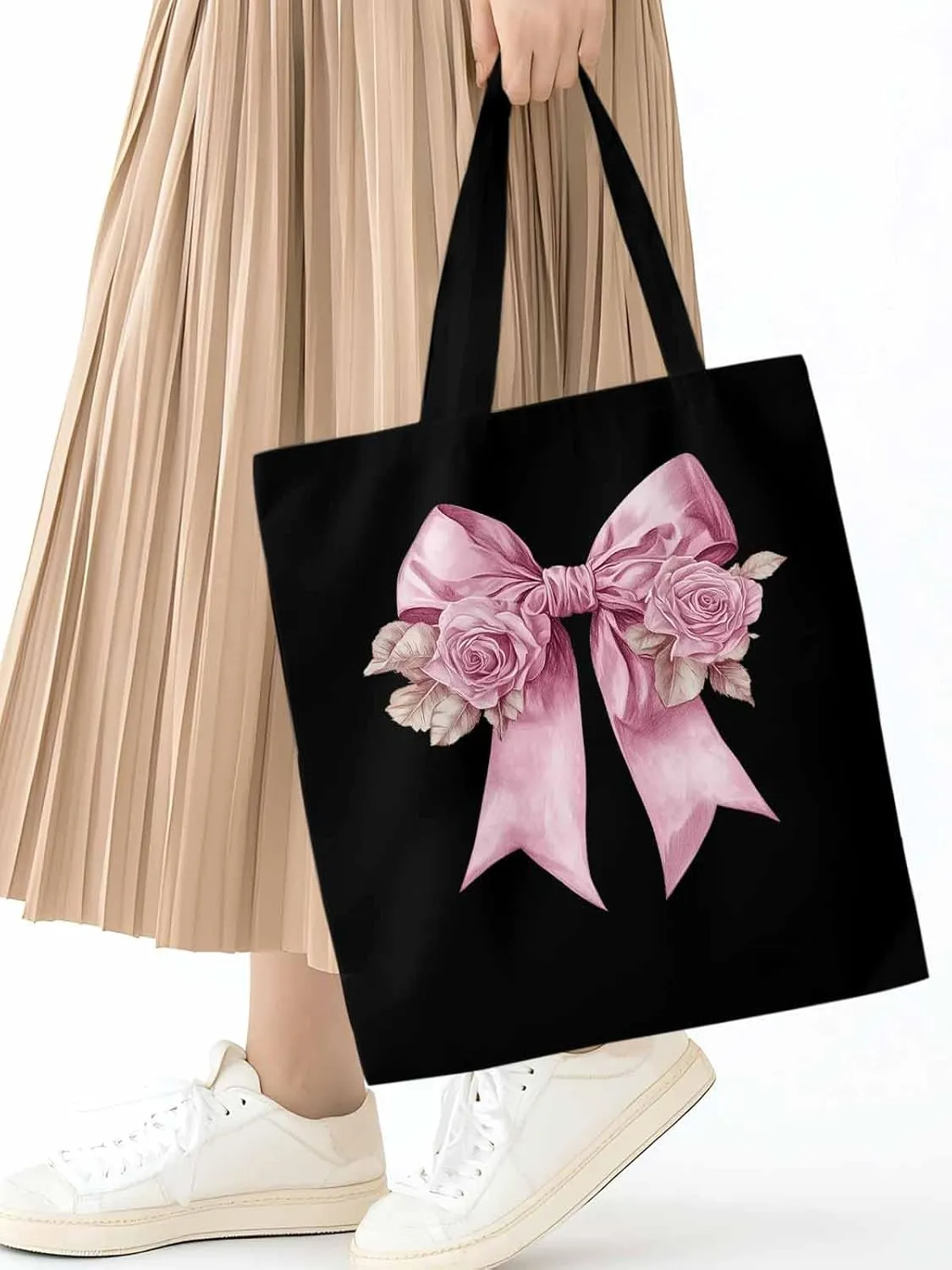 Canvas Tote Bag, Pink Valentine's Day Rose Floral Aesthetic Canvas Tote Handbags for Women Shoulder Bag