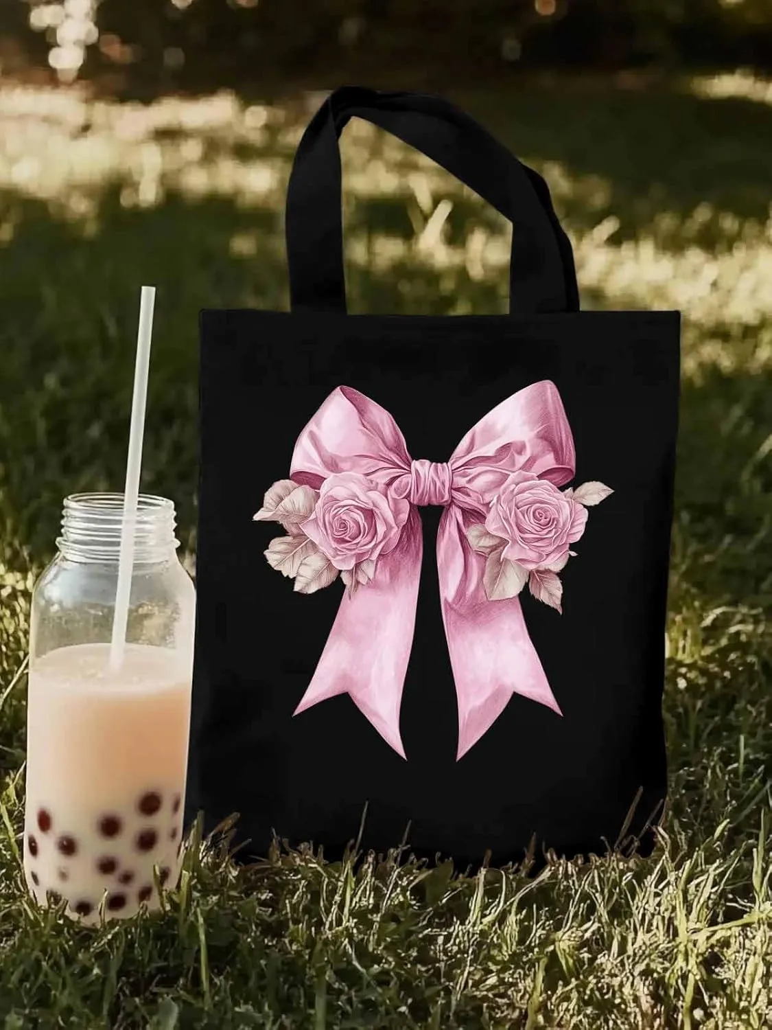 Canvas Tote Bag, Pink Valentine's Day Rose Floral Aesthetic Canvas Tote Handbags for Women Shoulder Bag