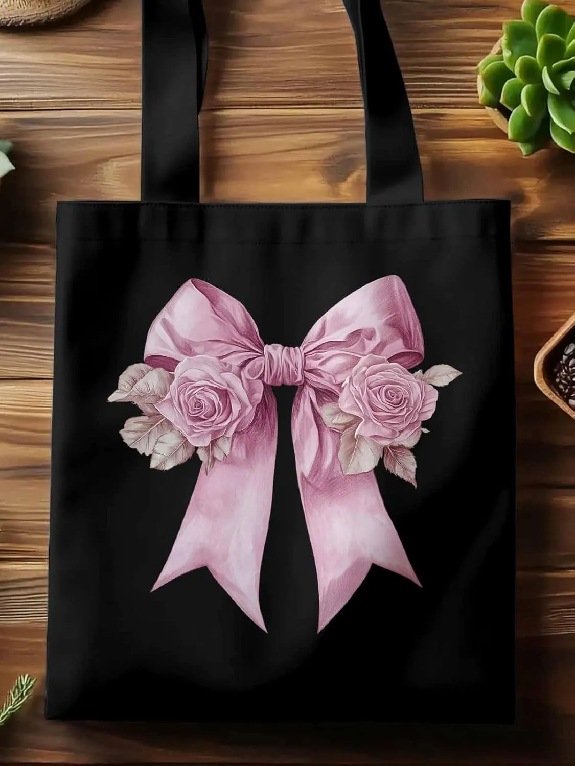 Canvas Tote Bag, Pink Valentine's Day Rose Floral Aesthetic Canvas Tote Handbags for Women Shoulder Bag