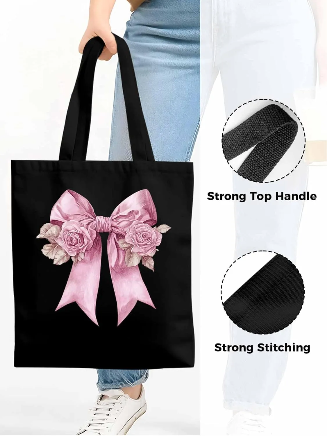 Canvas Tote Bag, Pink Valentine's Day Rose Floral Aesthetic Canvas Tote Handbags for Women Shoulder Bag