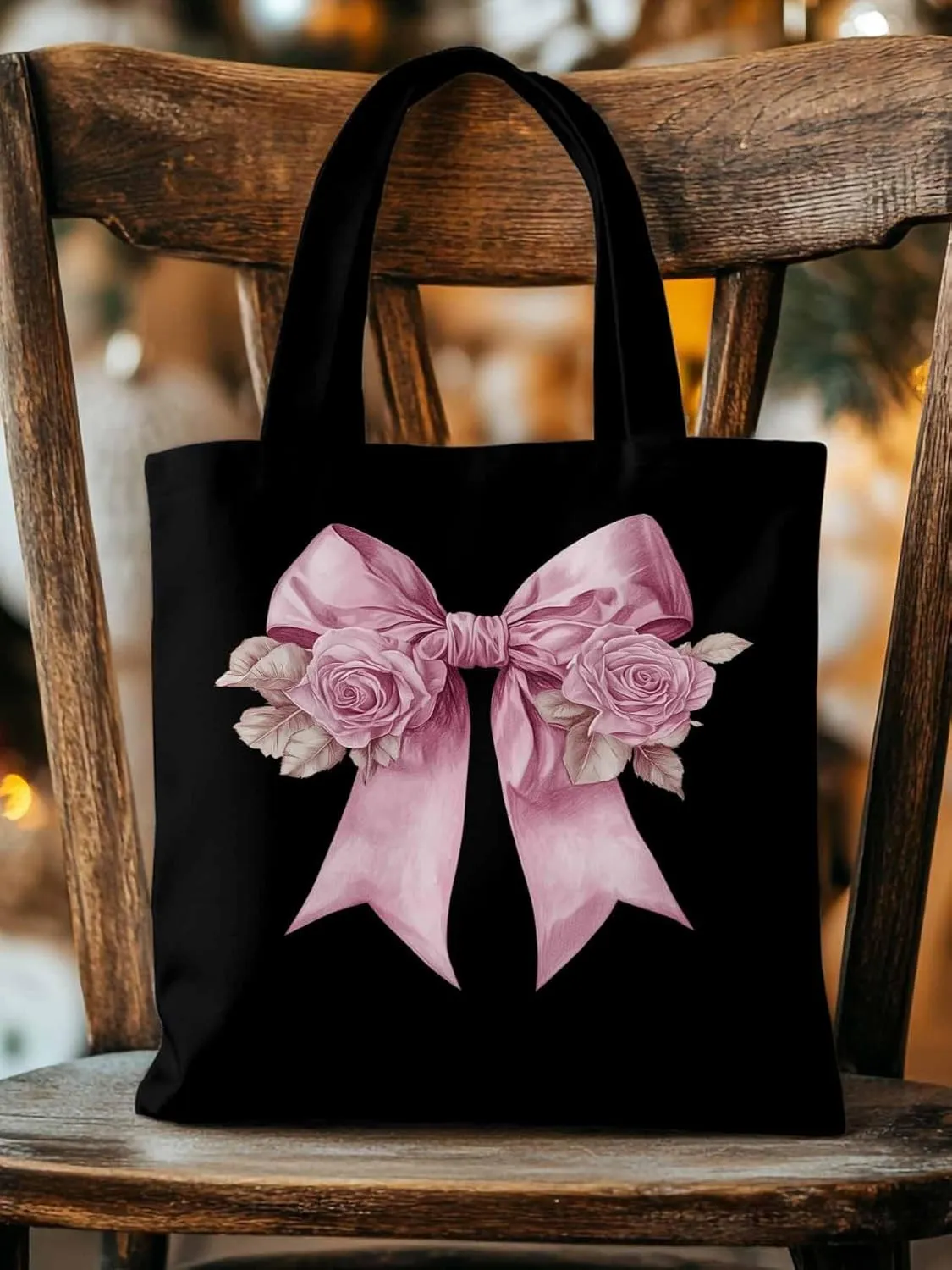 Canvas Tote Bag, Pink Valentine's Day Rose Floral Aesthetic Canvas Tote Handbags for Women Shoulder Bag