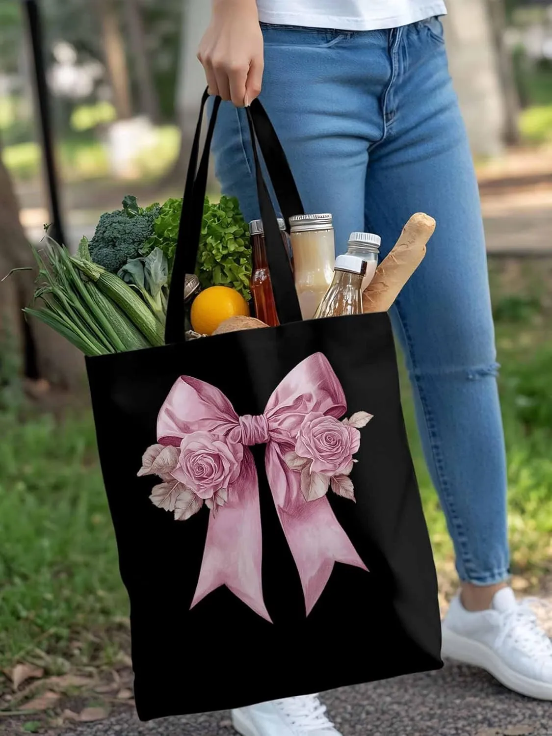 Canvas Tote Bag, Pink Valentine's Day Rose Floral Aesthetic Canvas Tote Handbags for Women Shoulder Bag